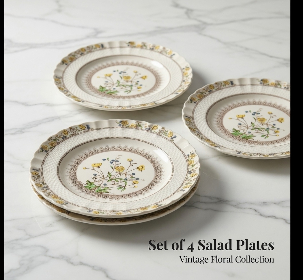 Vintage Spode Buttercup Salad Plates 8” Set of 4 Yellow Floral Transferware